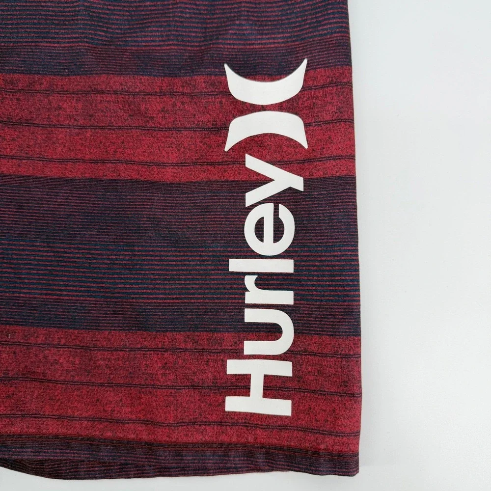Hurley Mens Board Shorts Size 36 Maroon Blue Striped Swim Trunks MBS0008080